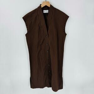 Loup‎ XS Brown Black Striped Button Front Cotton Midi Shift Dress Slow Fashion